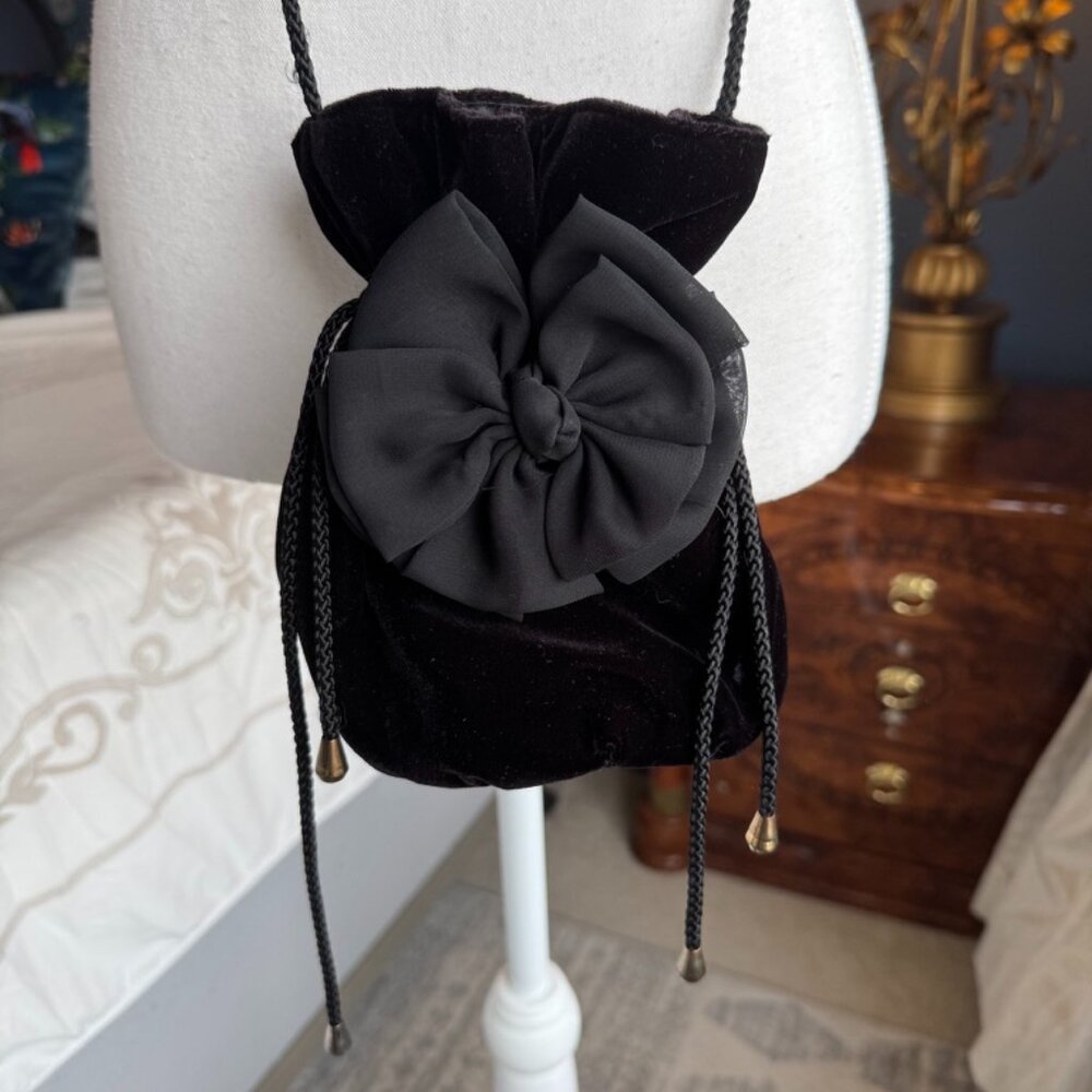 Vintage 90s Black Velvet Pouch Evening Bag Crossbody